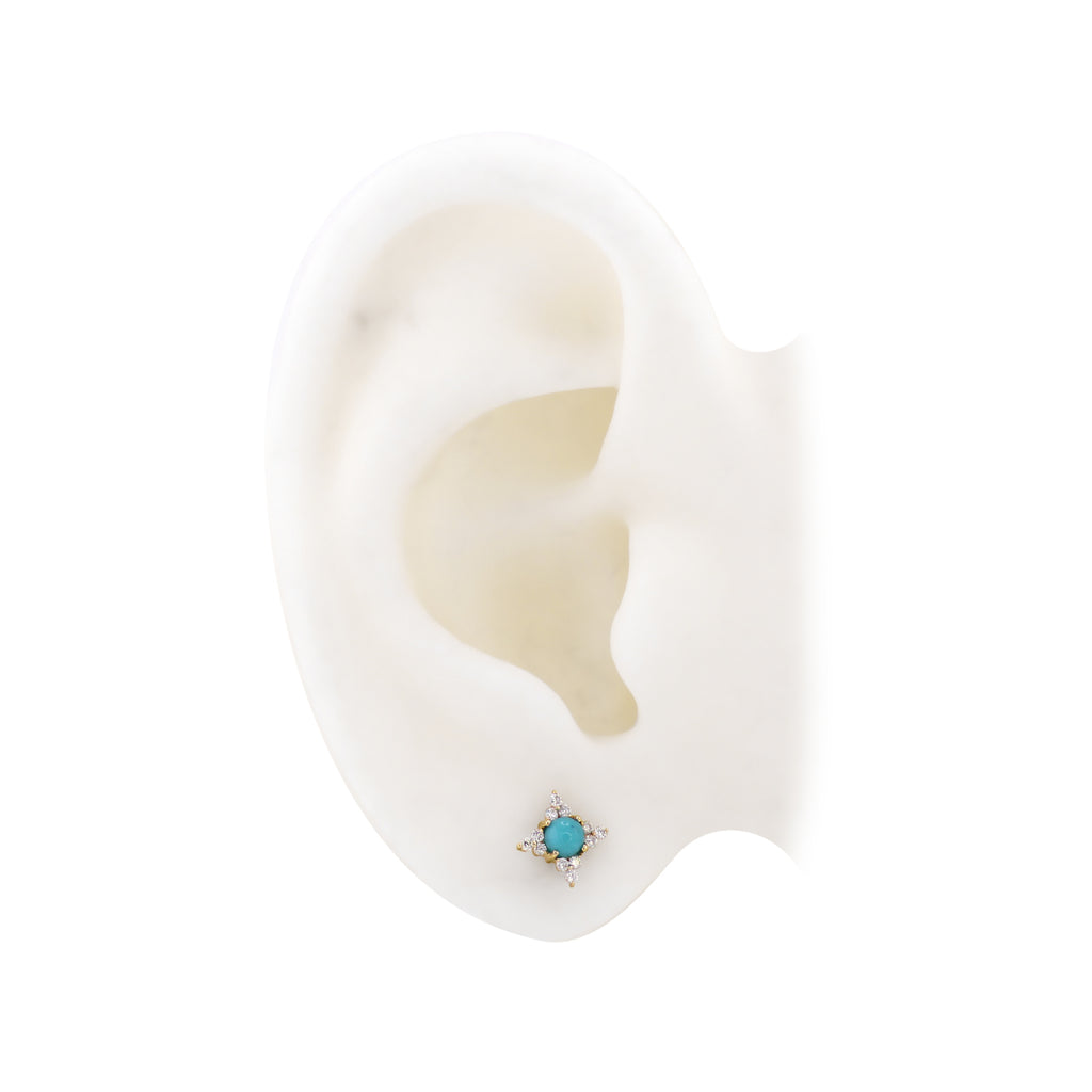 Flower Cabochon Turquoise and Diamond Stud Earrings
