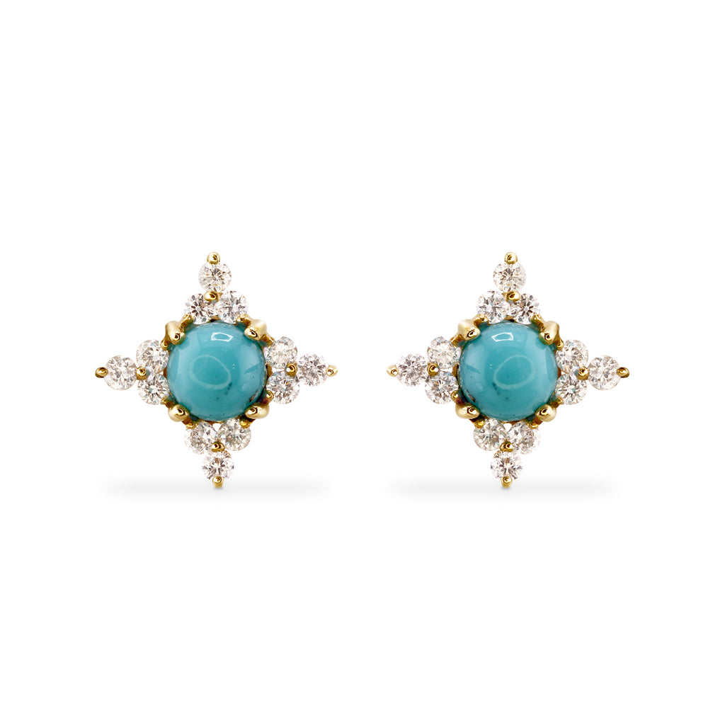 Flower Cabochon Turquoise and Diamond Stud Earrings
