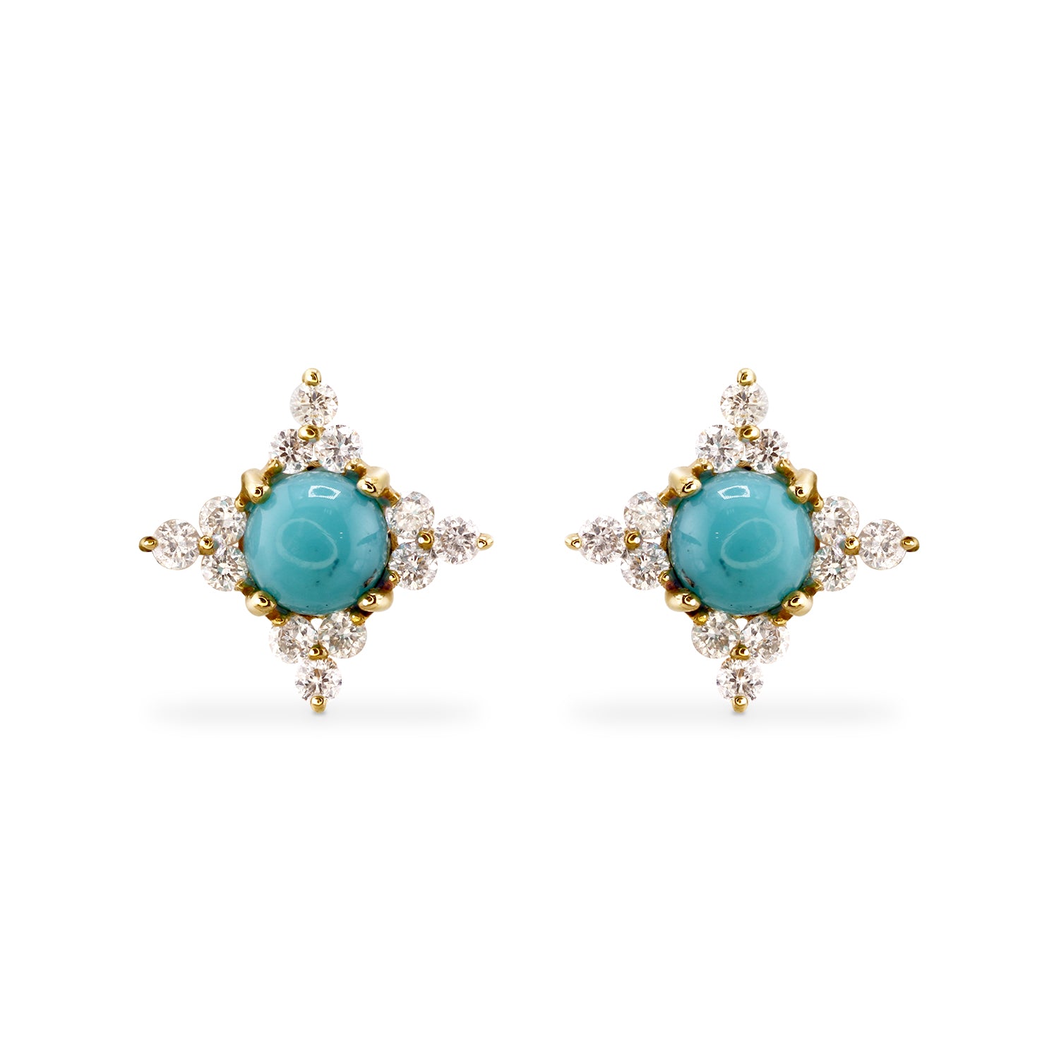 Flower Cabochon Turquoise and Diamond Stud Earrings