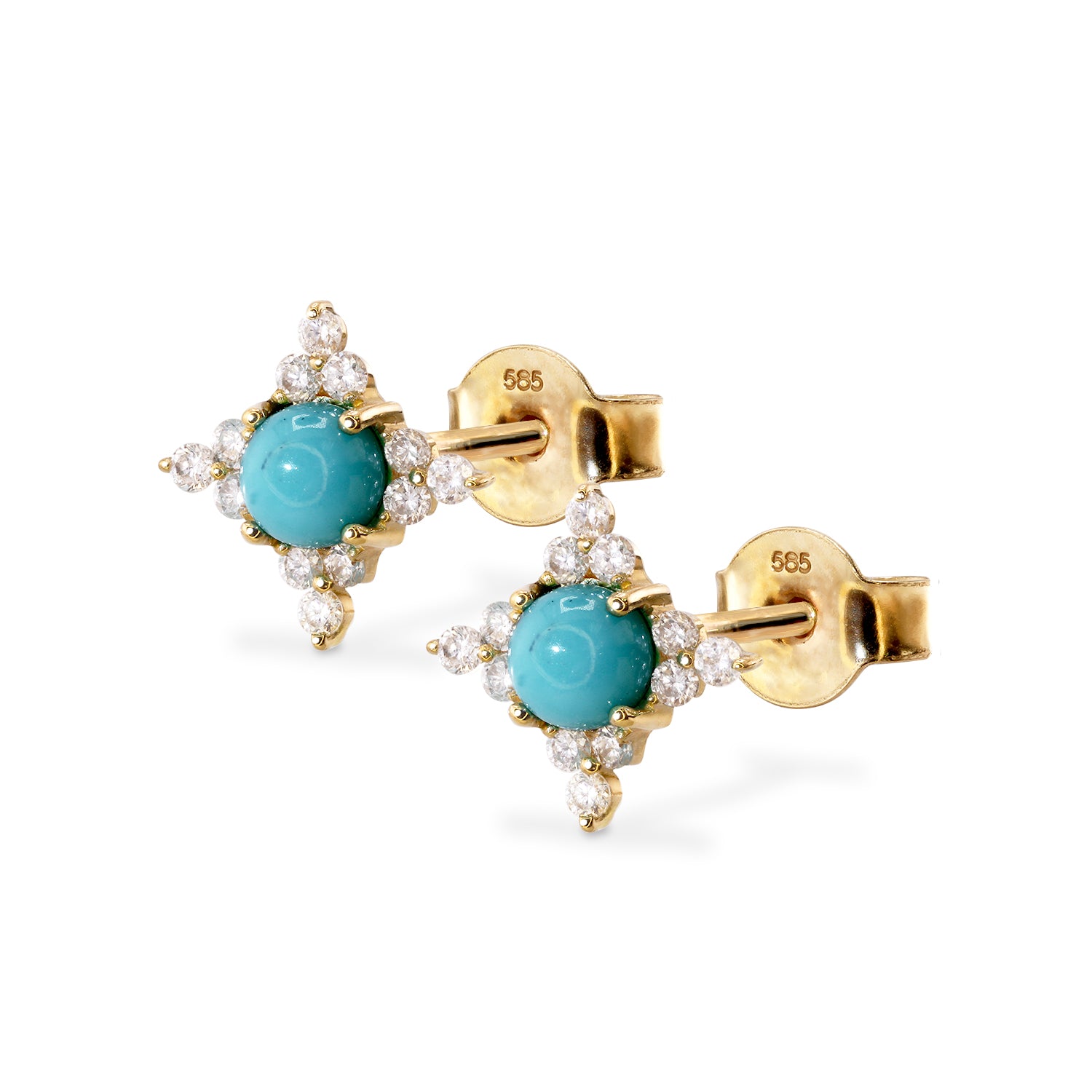 Flower Cabochon Turquoise and Diamond Stud Earrings